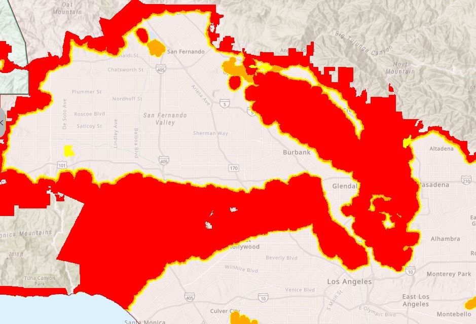 map showing the high fire hazard severity zones in red