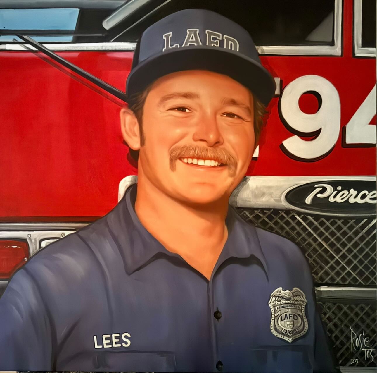 Painting of FF Connor Lees in front of Fire Engine 94