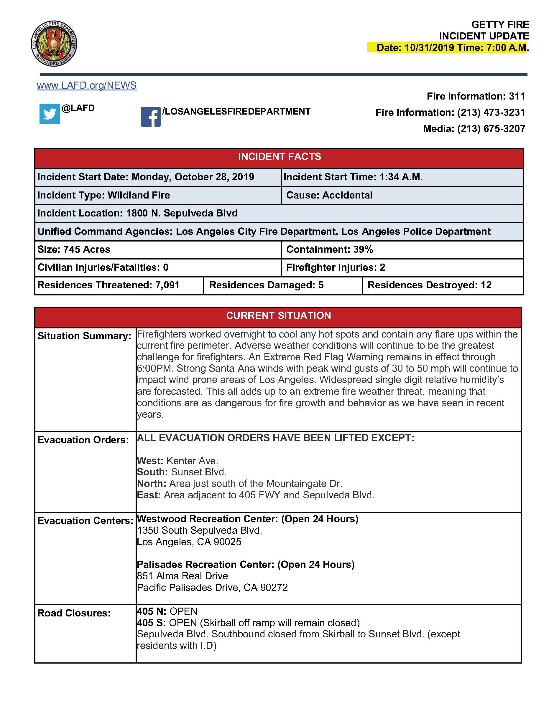 Update for the morning of October 31, 2019 regarding Getty Fire