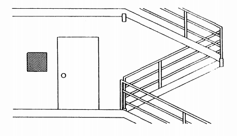 Sign placed adjacent to interior stairwell door